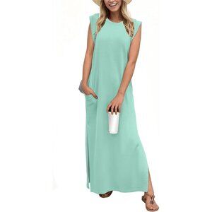 Grecerelle Women  Light Blue Round Neck Loose Split Wrinkle-Free Long Maxi Dress